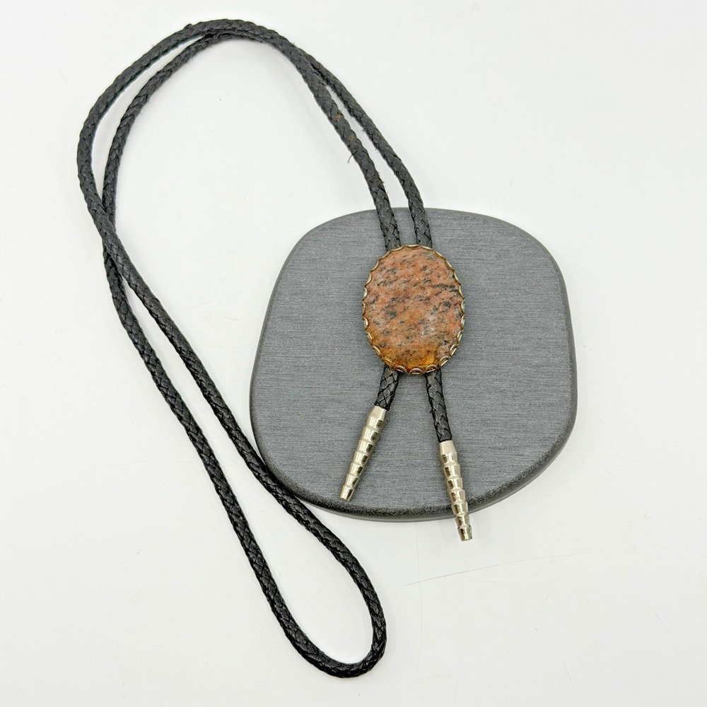Western Bolo Tie Granite Stone Pendant Braided Cord Boho Statement Neckwear Gift